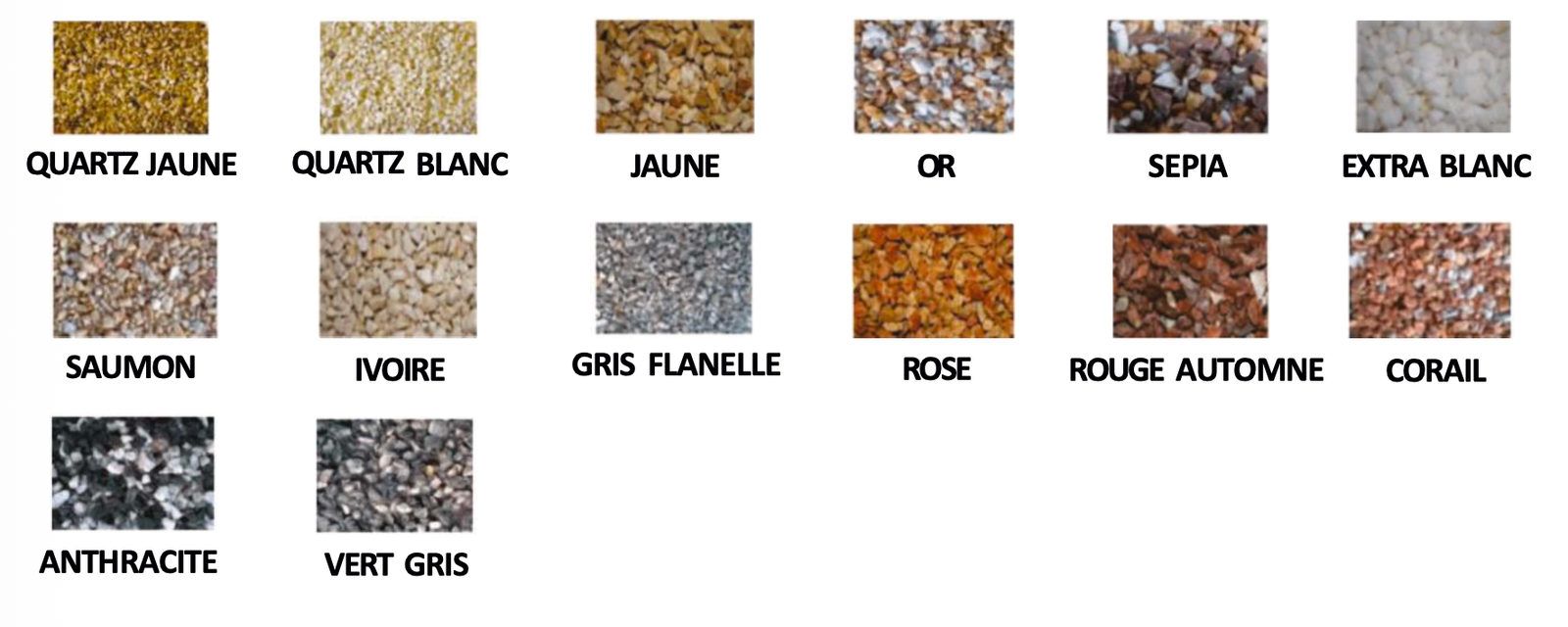 Nuancier des teintes de granulats pour résine gravillonnée PMR : rose, corail, or, jaune, quartz - ProgPanneaux